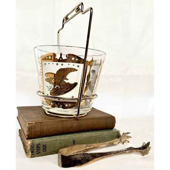 Vintage Glass Ice Bucket Gold Eagle pattern Gold holder and tongs - Picture 6 of 10